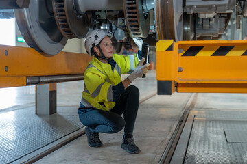 Female engineer inspecting electric train repair and maintenance in maintenance station