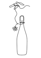 Drawing line bottle of champagne or wine with hand on the white background