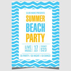 Summer beach party design with sea waves on the background. Vector illustration of summer beach party poster, banner or invitation flyer for exotic tropical vacation with friends and family.
