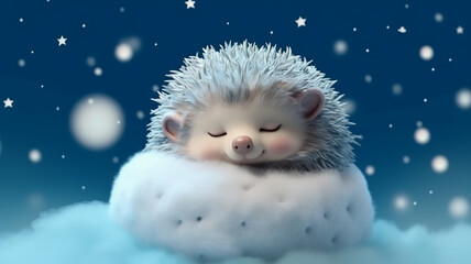 a little hedgehog sleeps on a cloud watercolor. Generative AI