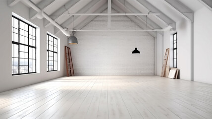 white loft-style room. Generative AI.  empty space new empty attic apartment.