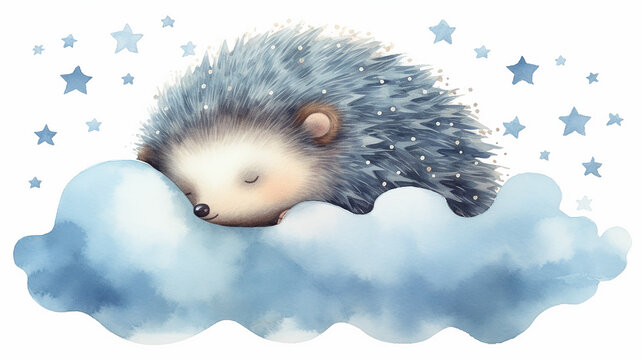 recommend clip art: a little hedgehog sleeps on a cloud watercolor. Generative AI