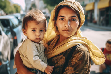 A young homeless woman with a child on the street. Poor homeless people. Migrants and immigrants. Hunger and poverty