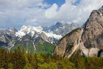 Amazing spring landscape of Skrlatica Peak (2740m)  in the Julian Alps, Triglav National Park, Slovenia. 