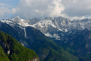 View of the Triglav Natiobal Park on a sunny summer day. Breathtaking peaks of the Julian Alps. Triglav National Park, Slovenia