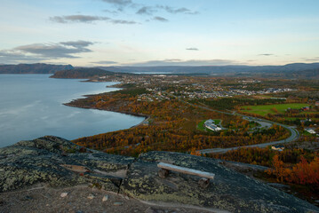 Fototapeta na wymiar The scenery of Alta town and Altafjorden from Hjemmeluft, Finnmark, Norway