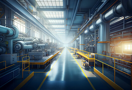 Smart automatic production, large factory workshop. Abstract illustration. AI generated.