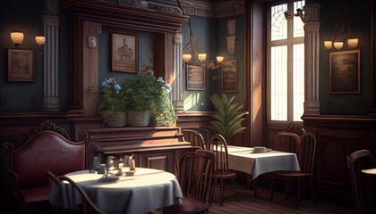 Photorealistic interior of a restaurant from the 1950s and 1960s. Abstract illustration. AI generated.