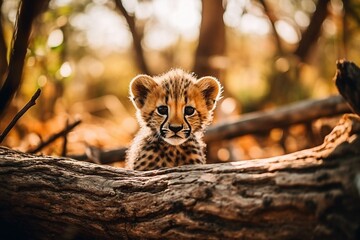 Curious Cheetah Cub Peeking from Behind a Log in Forest