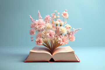 Front view of open book, from which beautiful spring origami paper flowers grow. Pastel colors. Creative concept for a digital library and bookstore. Generative AI 3d render illustration imitation.