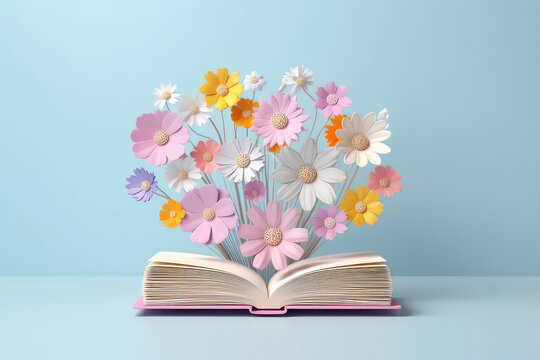 Front view of open book, from which beautiful origami paper flowers grow. Pastel colors. Creative minimal concept for digital library and bookstore. Generative AI 3d render illustration imitation.