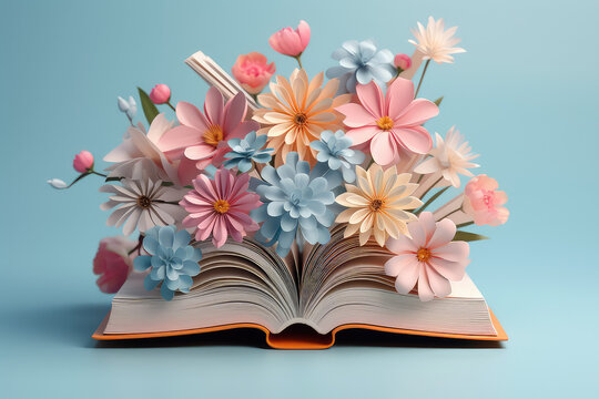 Front view of open book, from which colorful origami paper flowers grow. Pastel colors. Creative concept for digital library and bookstore. Generative AI 3d render illustration imitation.