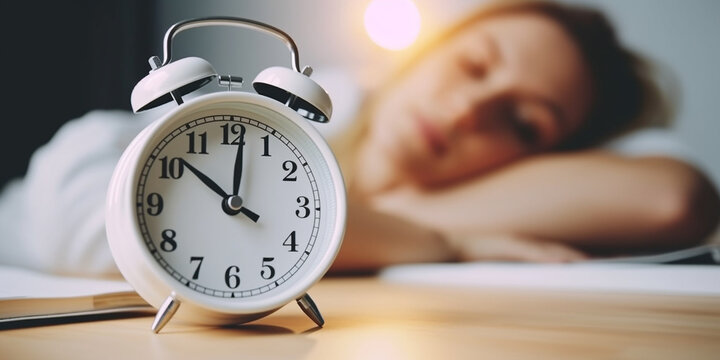 H&uuml;bsche Frau liegt vor einem Wecker schlafend, ai generativ