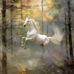 white horse runs gallop in the forest
