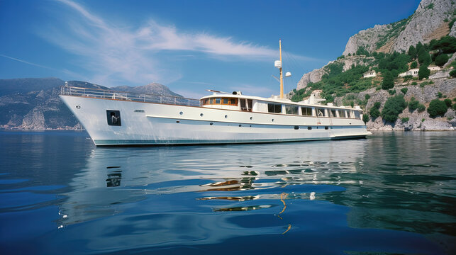Luxury yacht in azure seas parked in a beautiful blue bay. Motorboat anchored near a beautiful mediterranean island.