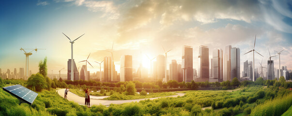 Renewable Energy and Environmental Concept of a City. Generative AI. - obrazy, fototapety, plakaty