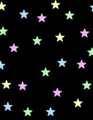 pink, yellow, green and blue pastel stars set against bold black background
