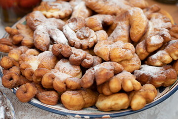 Baked pies. Pastries on table. Delicious food.