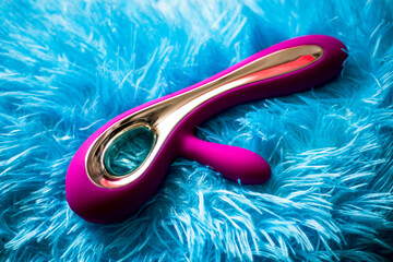 Toy for adults. Closeup photo of a sex toy. Vibrator on a blue fleecy background.