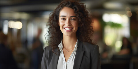 Hübsche Geschäftsfrau mit Hintergrund im Büro lacht mit schönen Zähnen Nahaufnahme, ai generativ