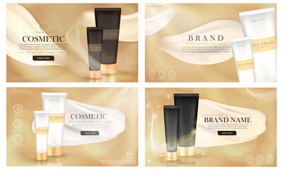 Set of 4 advertising golden web banners with luxury cosmetic product. Promo posters with cream smear, shiny light effect with sunny beams and skin care product in black realistic package. 