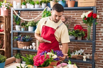 Young hispanic man florist reading notebook at florist