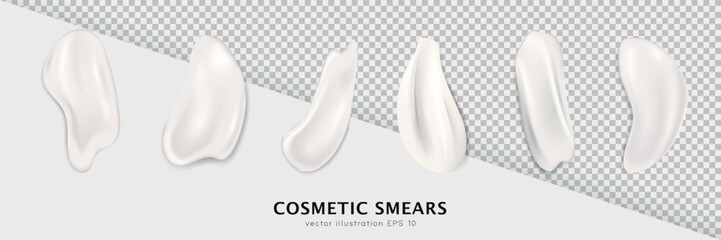  Collection of 6 realistic stroke samples of skincare product. Top view of cream smears isolated on white and transparent background. Creamy or lotion texture, cosmetic swatches