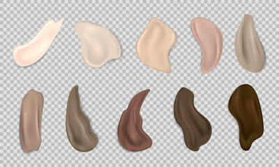 Set of cosmetic swatches different shapes. Light and dark, beige and brown makeup smears, stroke samples. Realistic foundation, concealer texture for various skin tones