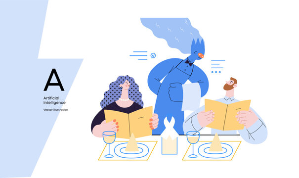 Artificial intelligence, Waiter -modern flat vector concept illustration of waiter AI taking order, giving advice on choosing in restaurant. Metaphor of AI advantage, superiority and dominance concept