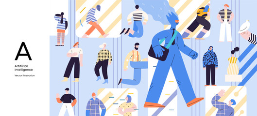 Fototapeta na wymiar Artificial intelligence, AI and humanity -modern flat vector concept illustration of AI character walking among people in everyday life. Metaphor of AI advantage, benefit, friendliness concept