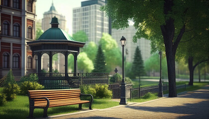 Bench in the park, City park with green trees and grass, wooden benches, lights, and city skyscrapers on the skyline
