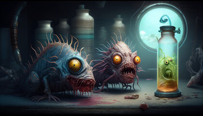 A digital artwork depicting horrifying monsters with genetic abnormalities in a destroyed laboratory