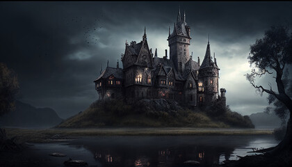 City castle at night, Illustration of an eerie dark castle