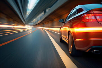 Obraz na płótnie Canvas Car moving fast on motorway road to city motion blur
