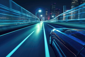 Fototapeta premium Car moving fast on motorway road to city motion blur