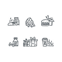 Hand drawn doodle of bread milk, pizza, burger, food box, fast food, medicine, gift box, bouquet, coffee and croissant. Icon line sketch vector illustration