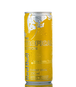 S&atilde;o Paulo, Brazil- June 18, 2023 can "Red Bull" the tropical edition of the topical fruit-flavored energy drink, 250ml can 
