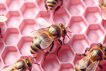 Closeup of golden, shiny bee sitting on pink plastic honeycomb background. Creative wallpaper, minimal concept for fruit cream honey. Fancy screensaver with bees. Generative AI 3d render. 