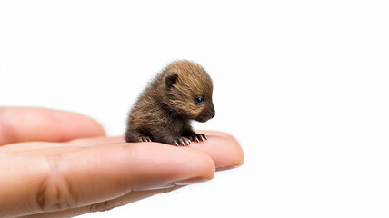 the smallest bear in the palm of your hand. generative AI. the concept of nature protection on a white background
