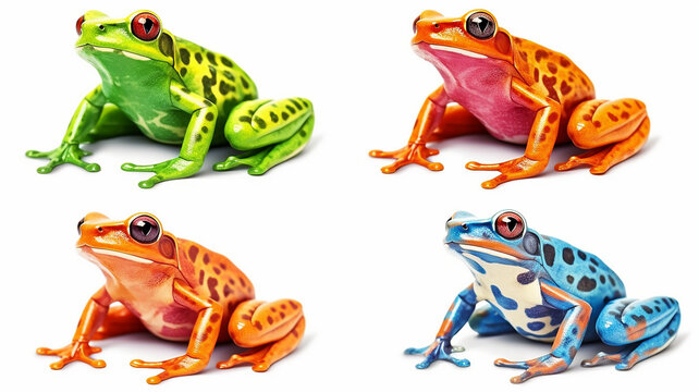 a set of colorful frogs on a white background. Generative AI