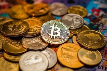 Photo of cryptocurrency physical golden bitcoin coin on colorful background Generative AI