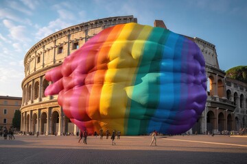 giant inflated rainbow seeping from rome's colosseum standfor LGBTQ pride month,genrative ai.