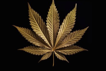 Golden marijuana leaf. Hand drawn narcotic cannabis design element. Hemp illustration isolated over black background. Generative AI
