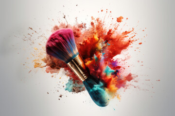 Makeup brush with colorful powder explosion or eyeshadow isolated in white background. generative AI