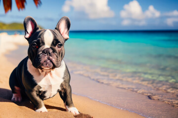 Obraz na płótnie Canvas Digital photo of a cute French bulldog lies on the tropical beach on a sunny day. Wildlife imagery, the concept of ecological environment. Generative AI