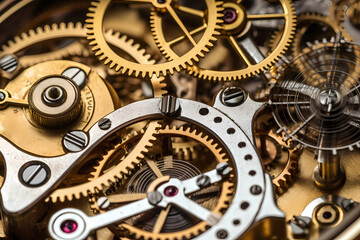 Gears and cogs in clockwork watch mechanism. Generative AI