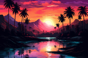 Sunset landscape with palm trees and mountains. Generative AI
