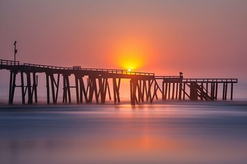 Fototapeta premium Pier in the sea mist at golden sunrise, holiday view - generative ai