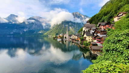 Beautiful lake side view of the village of Hallstatt in the Alps of Austria
