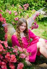 little beautiful blonde girl in pink dress with fairy wings sitting on green grass in roses garden on sunny summer day